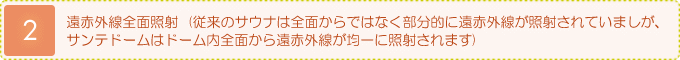 遠赤外線全面照射  (従来のサウナは全面からではなく部分的に遠赤外線が照射されていましが、サンテドームはドーム内全面から遠赤外線が均一に照射されます)